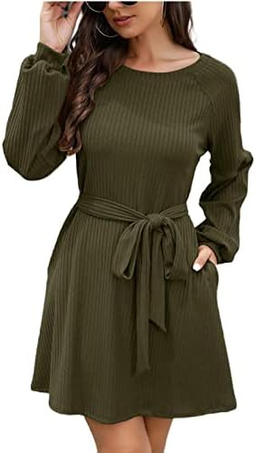 Nokmopo фустан со долг ракав за жени есенски зимски моден темперамент плетен појас цврст фустан со долг ракав