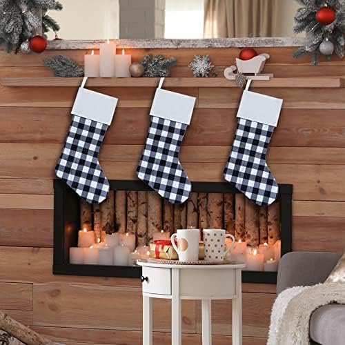 ЈОКТИУВА 6 Пак Божиќни чорапи- 23 инчи црни бели биволи карирани божиќни чорапи камин виси чорапи за семејни Божиќни празници за забава