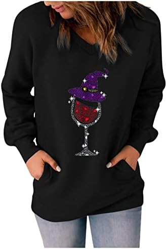 Ноќта на вештерките за џемпери за жени обичен череп графички мета во боја на лабава пулвер со долги ракави релаксирачки кошула