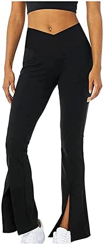 Женски кросовер половини од пламен јога панталони цврсти предни поделени погласувања хеланки тренингот пилатес подигање хулахопки панталони