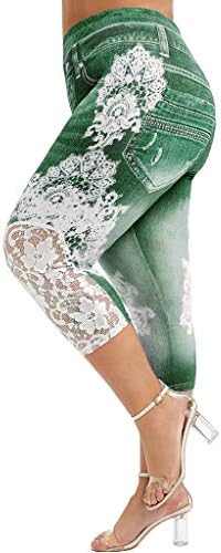 Женски faux denim capris чипка по хема цветни исечени фармерки слаби капри хеланки плус големина истегнуваат хулахопки кратки панталони
