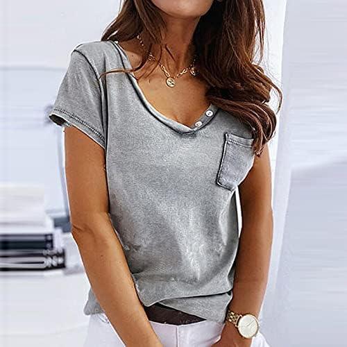Женски кратки ракави врвови женски обични цврсти лабави v вратот кратки ракави копче маица врвови лабава маица