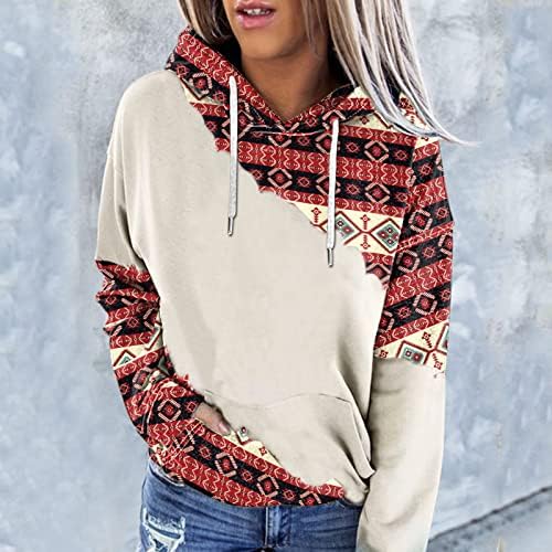 Mrgiinri женски ацтеки худи геометриски џемпер за печатење 2022 блок во боја на долги ракави пулвер, џемпери за џебови со џебови