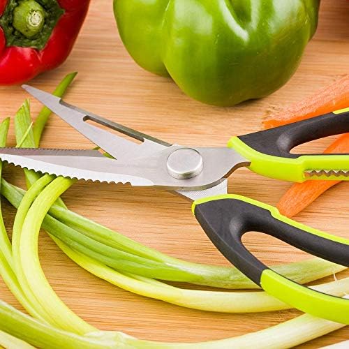 Мет Лукс 9,5 инчи кујнски смолкнување, 1 ножици со тешки работи за кујна - мултифункционална, црна и зелена рачка, ножици за кујна од