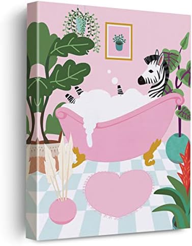 Зебра во када платно постери сликарство бања wallидна уметност, ботаничка зебра слика уметнички дела врамени розови принт подготвени да висат