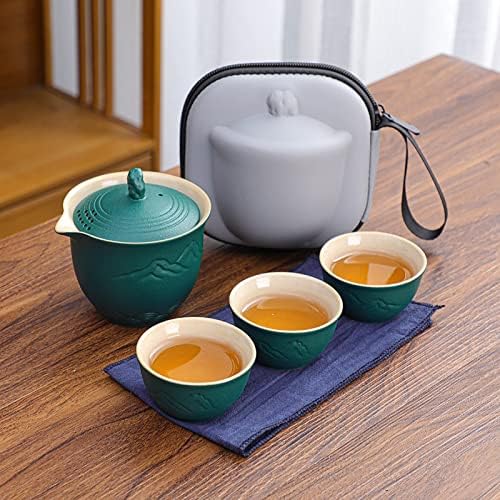 Преносен затегнување на KeyDuacu, сет за чај за патувања, кинески чај, керамички мини gongfu чајник со 3 чаши за патувања дома и канцеларија