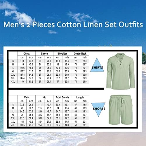 Coofandy Men 2 парчиња памучна постелнина поставена облека за плажа летна хипи кошула и краток сет ренесансен чипка на Хенли костум