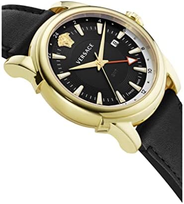 Версаче ГМТ Гроздобер колекција Луксузен Менс часовник часовник со црна лента со златен случај и црно бирање