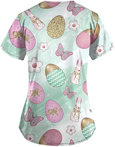 Женски празници за празници врвови за велигденска работа униформа маица зајаче јајца отпечатени кратки ракави v-врат џеб удобни блузи