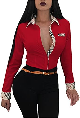 Angongnywell женски долг ракав V врат шифон блузи со врвови на врвови на копчињата за деловни кошули печатени кошула со повеќебојни кошули