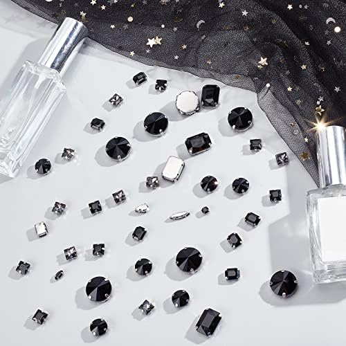 Пандахал Црно шиење на rhinestones, 100 парчиња 10 форми стаклени кристали рамен бек -ринестони камења дијаманти копчиња со сребрена канџи за