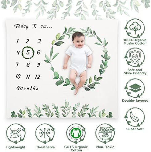 Органско бебе месечно пресвртница ќебе за момчиња и девојчиња Муслин Памук Бебе Месечно ќебе со лисја од лисја на венец, новороденче