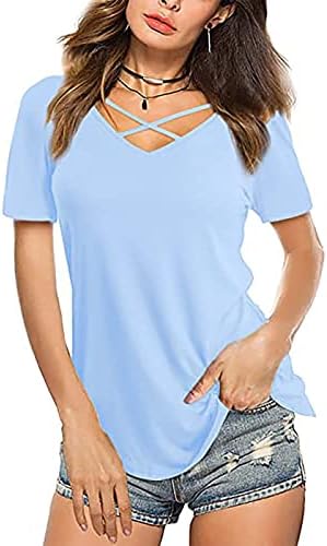 Тинејџерски девојки маица краток ракав длабок v врат памук салон за завиткување на светкав bellвонче, дно обичен подигање блуза кошула жени