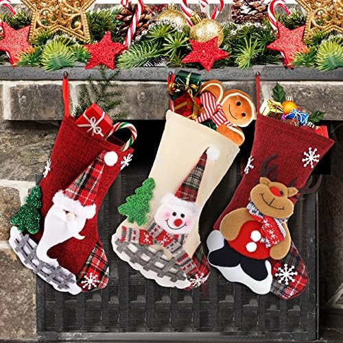 Wllhyf 3 Пак Божиќно порибување 3Д Голем Дедо Мраз, Дедо Мраз, Снежен човек, ирваси Божиќни чорапи камин виси чорапи за семејна Божиќна