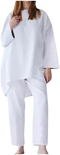 HGPS8W женски памучен постелнина со две парчиња облеки лето лабава 3/4 ракав преголем врв и исечени панталони поставени случајни тренерки