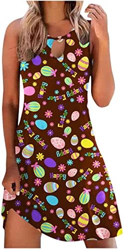 Среќен фустан на Велигденски ден за жени Смешни велигденски јајца за зајаче за зајаче печатење без ракави без ракави, фустан
