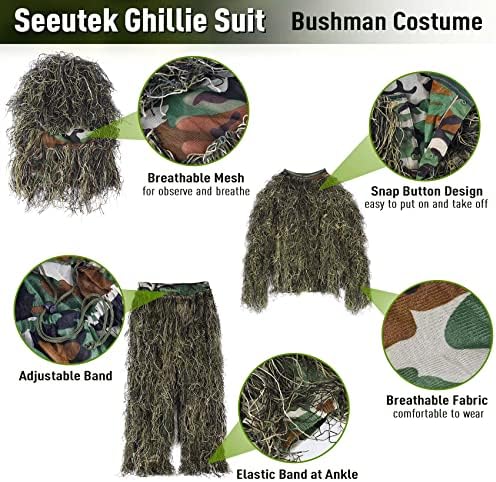 Seeutek 6 во 1 Ghillie костум, 3D маскирна ловечка облека, вклучувајќи јакна, панталони, аспиратор, торба за носење и камо