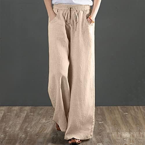 Летните панталони за жени Дсодан, памучни постелнина облечени широки палецо палецови панталони со трендовски панталони со џеб