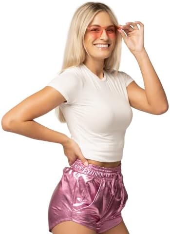 Spooktacular креации женски метални шорцеви, неонски шорцеви за жени, розови високи половини искриви сјајни шорцеви еластични