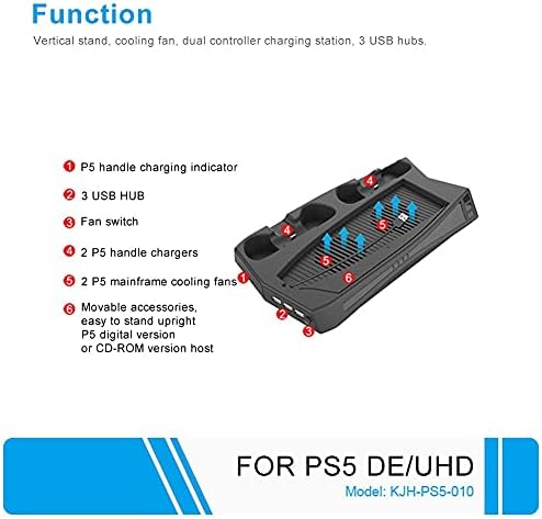Redab Штанд За Полнење со Вентилатор за Ладење 3 USB Центар Полнач Порта Ладилник Рачка Полнач ЗА PS5 Додатоци За Игри