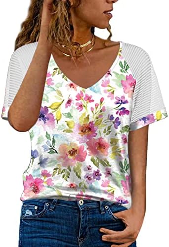 Блуза бистиер маица девојки со краток ракав памук длабок v врат цветни графички обезлици дупе тенок туничен бранч камизол