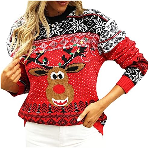 Женски џемпери трендовски долг ракав о-врат Божиќ пулвер за џемпер за џемпер