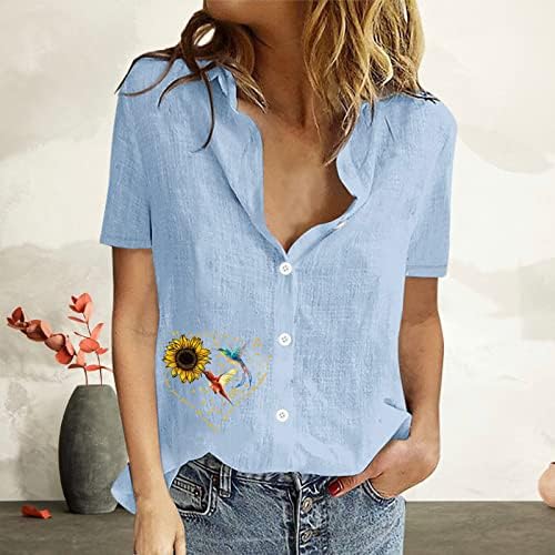 Женски летни блузи кошула удобна памучна постелнина со кратки кошули со кратки ракави, случајни лабави вклопувачки јаки блузи врвови