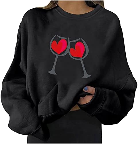 Маичка за ден на в Valentубените за жени црвено вино чаша чаша од срцев блуза Раглан долг ракав врвен обичен лабав пуловер
