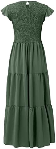 Women'sенски 2023 летен макси фустан боемски измамнат руфле, максичен фустан, обичен проток макси фустан со цврст фустан во боја