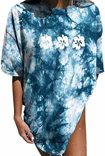 Графички кошули за врзување за боја за женски гроздобер врвови со кратки ракави екипаж преголеми маички трендовски обични блузи за печатење на
