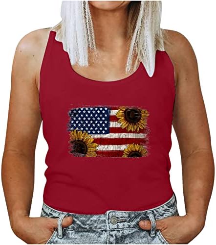Womenените на 4-ти јули резервоарот на врвот на американските знамиња за печатење маици без ракави подароци за ден на независност, симпатични