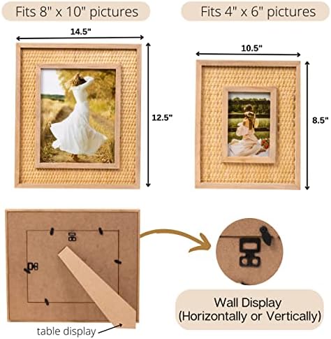 Сет на рамка за слика на ратан - рамка за слика со 2 парчиња Boho - плетени рамки за фотографии 4x6 и 8x10 - природни материјали,