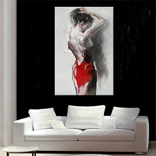 Xjjzs млада девојка црвена фустан уметност насликано платно рачно изработено масло за сликање домашна дневна соба декор