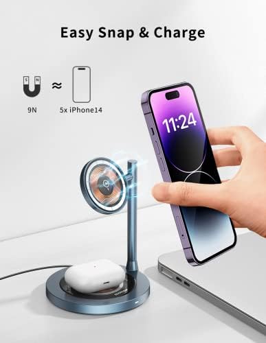 Stand Momax безжичен полнач, транспарентен безжичен магнетски полнач со магнетна основа, iPad stand за биро, 360 ° ротирачки вртливиот