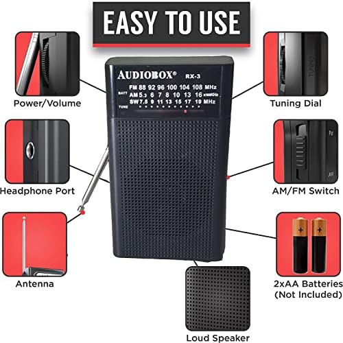 AudioBox Protable Radio | AM/FM, 2AA батерија управувана со прием со долг дострел за затворен, отворен | Радио со звучник и приклучок за