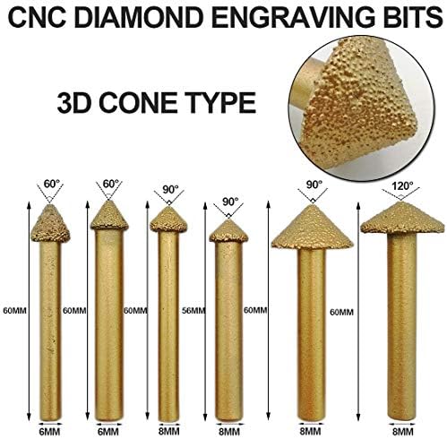 Битс за гравура на дијаманти Shdiatool CNC Diamond Diamond 90 степени 6мм 3Д камен вакцина со алатки за резба од 5 пакувања од 5