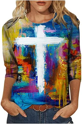 Графички маички за жени 3/4 кошули со ракави смешни маслени слики вкрстена вера маица симпатични врвови за тинејџери помлади