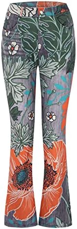 Женски елегантни фармерки со цвеќиња со цветни печати, обични права нога високи панталони, класични тенок фит салон панталони