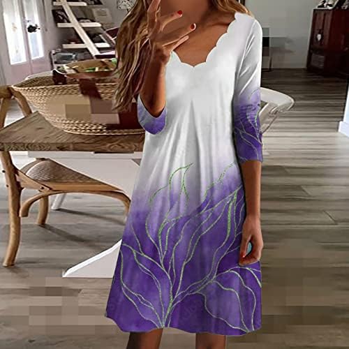 Midi Slip фустан женски моден цветен градиент печатење брановиден врат среден ракав среден летен макси фустан за