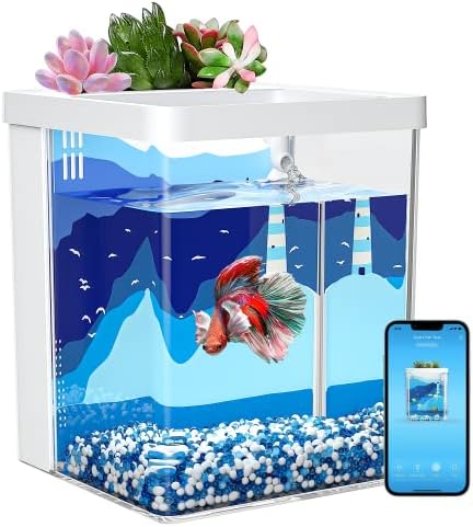 Комплет за паметни аквариум Ераарк 1,5 галон Бета Риба резервоар само чистење, поддржува Bluetooth, резервоар за риби со LED светло за филтрирање,