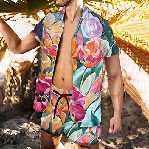 Машки Хаваи постави празнични лежерни кратки ракави за кратки ракави, лапел, цветни кошули, кардиганска блуза врвови од панталони од плажа