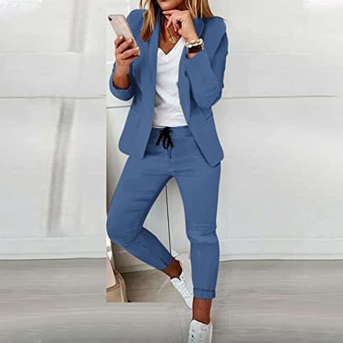 Панталони со блејзери за жени поставени 2 парчиња облека со цврста боја, обични облеки за работа летна канцеларија две парчиња сетови
