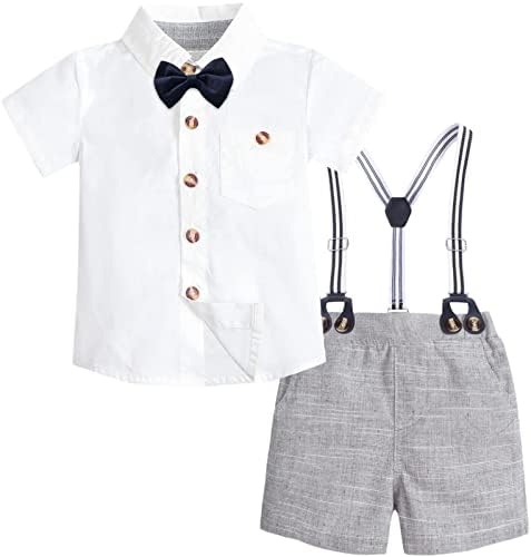 Сангтри бебе момчиња летна облека, кошула со краток ракав со Bowtie + Suspender Shorts, 3 месеци - 9 години
