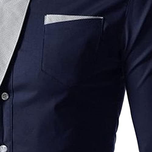 Машка трендовски контраст кошула со долг ракав тенок вклопена лежерна копче надолу кошула со карирана јака надолу со кошула
