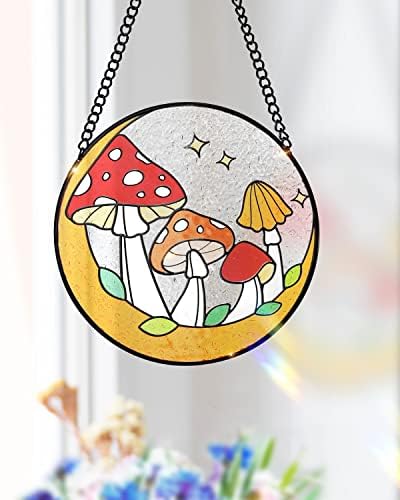 Тутисерин печурки витраж стакло Сончеч Месечина ToadStools прозорец wallид виси украс рачно насликан стаклен панел декор за