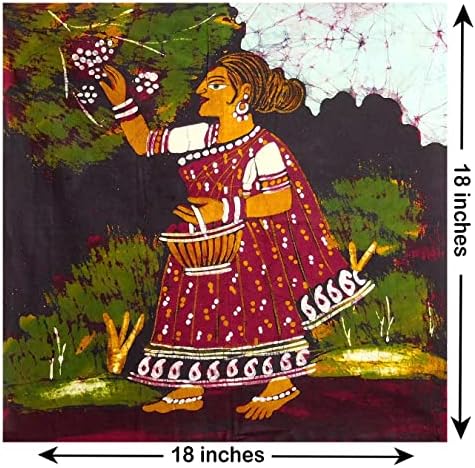 Dollsofindia Woman Woman Blucking Flower - 18 x 18 инчи - разнобојно сликарство со батик на крпа - нерасположено