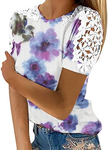 Womenените маички графички, трендовски чипка со кратки кошули со кратки ракави модни обични облеки фустани слатки блузи од туника