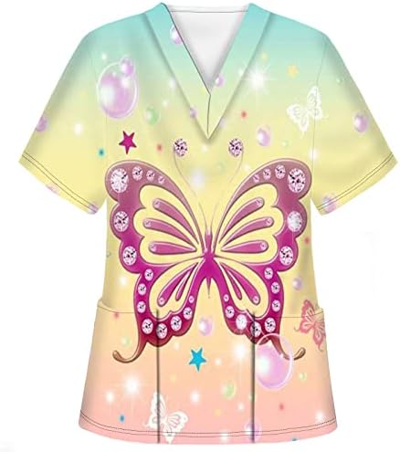 Печата за печатење на пеперутка маичка за жени кратки ракави V-вратот медицинска сестра Работна униформа маици со блуза со џеб со џеб