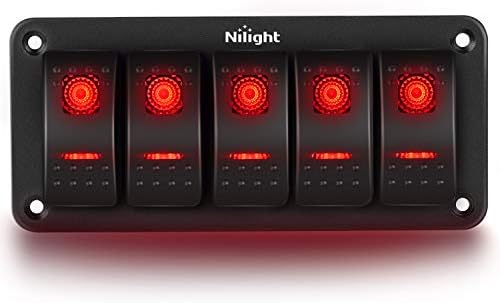 Nilight 5 Gang Rocker Switch Panel 5pin On Off Toggle Switch Aluminum Holder 12V 24V Dash Pre-жичен црвен заоблен прекинувач за автомобили за