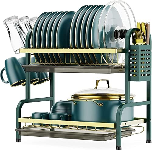 Решетката за сушење на садот, 2 нивоа од не'рѓосувачки челик за садови за садови, држач за прибор, држач за сечење на таблата,